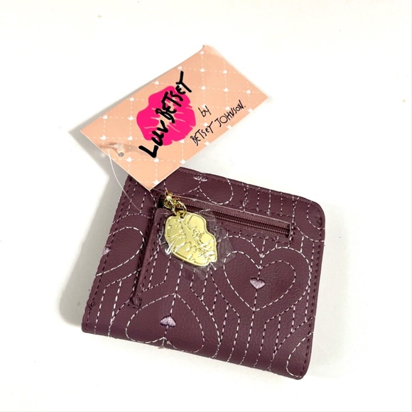 NWT Betsey Johnson 2pc Bifold Wallet Set Hearts Quilted Black & Mauve Card Case - Picture 4 of 10
